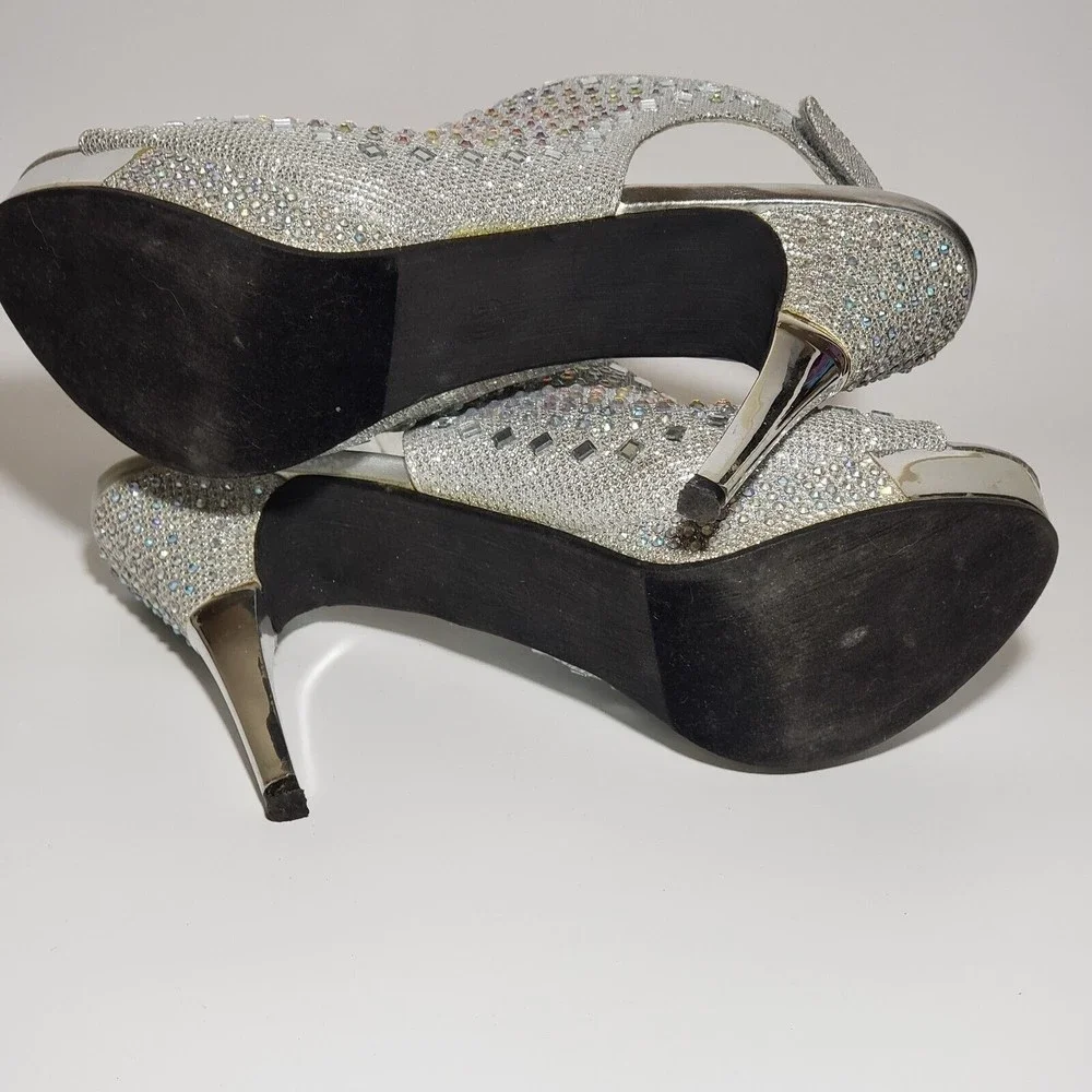Hot Tomato Silver Embellished Platform Heels Sz 10 Adj Heel Strap Open Toe Y2K